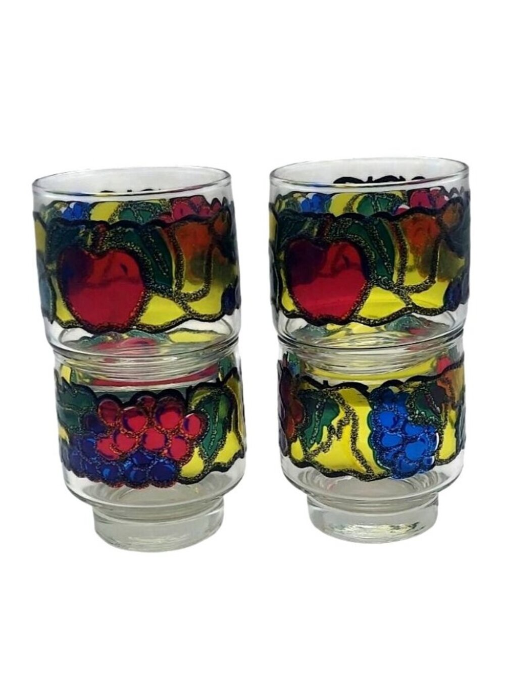 Vintage Libbey Stained Glass Fruit Frosted Stackable Rock Tumblers Set Of 4 - Picture 6 of 9
